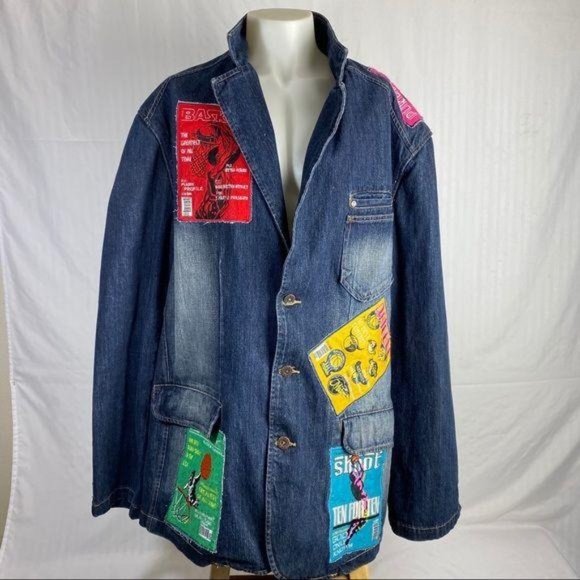 Vibes Jacket Custom Patch Basketball Theme Blue Denim Cotton Mens Size 3XL